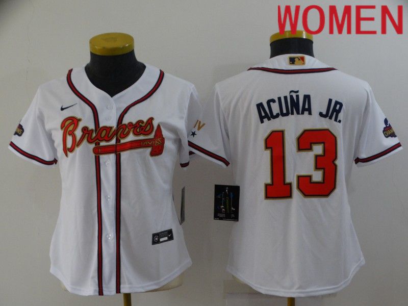 Women Atlanta Braves 13 Acuna jr White Gold Game Nike 2022 MLB Jersey